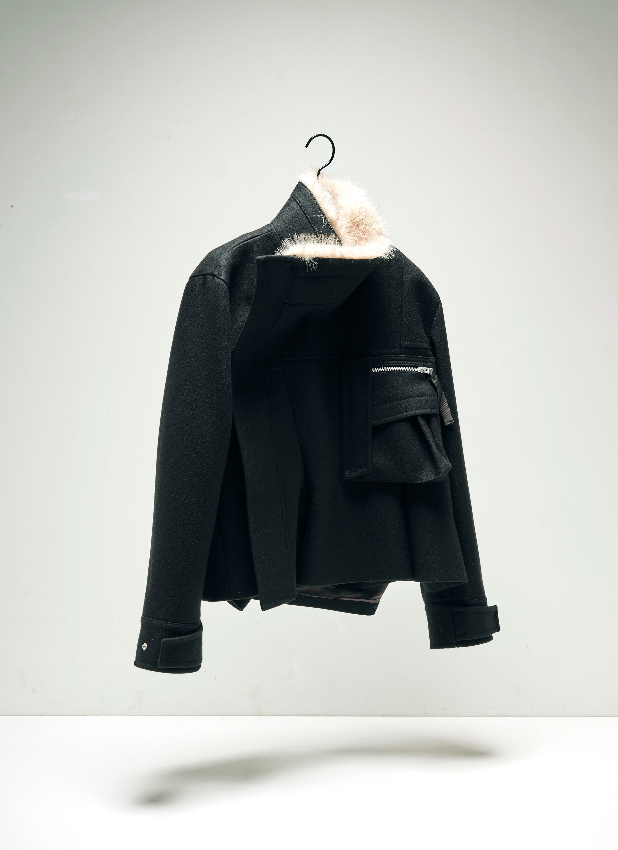 sacai サカイ 異素材ドッキング ツイード フーデッドコート 2way 白 sacai - Sacai ドッキング ウール メルトン クロップド コートの